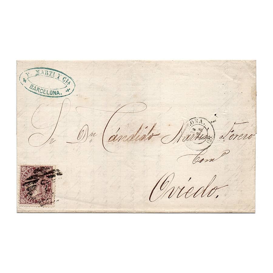 Spain 1869 [SOB] Circulated from Barcelona to Oviedo. Edifil 98 (C)