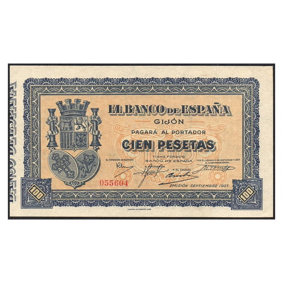 Espanha 1937 [BLL] 100 pesetas. Banco de Espanha. Gijón (SC)