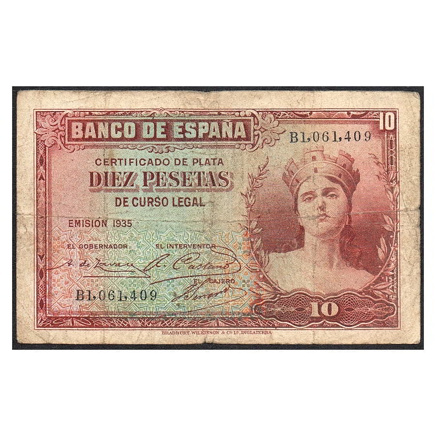 España 1935 [BLL] 10 pesetas. II República. Certificado de Plata (RC+)