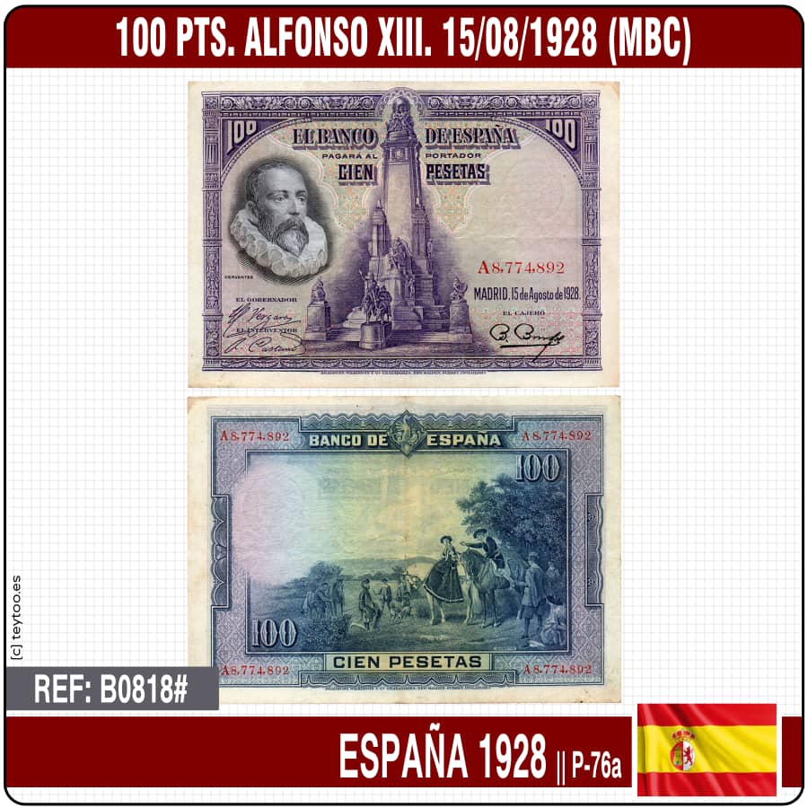 España 1928. 100 pts. Alfonso XIII - Tipo A (MBC) P-76a