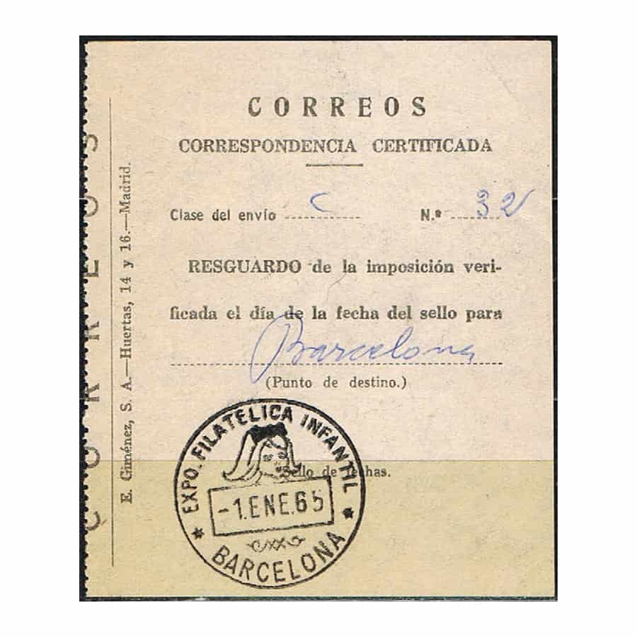 España 1965. Resguardo Certificado con matasellos especial