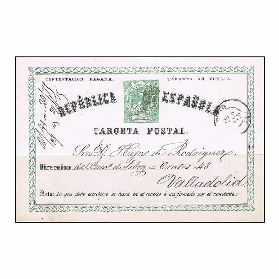 España 1873. EP. Matrona y cifras. verde y negro. Vuelta (U) ED#P6b