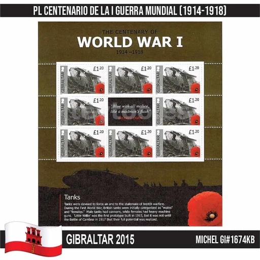 [D0242#] Gibraltar 2015. PL I Guerra Mundial 1914-1918 (MNH) MI#1674KB