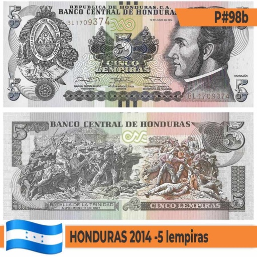 [B0812#] Honduras 2014. 5 lempiras (UNC) P#98b