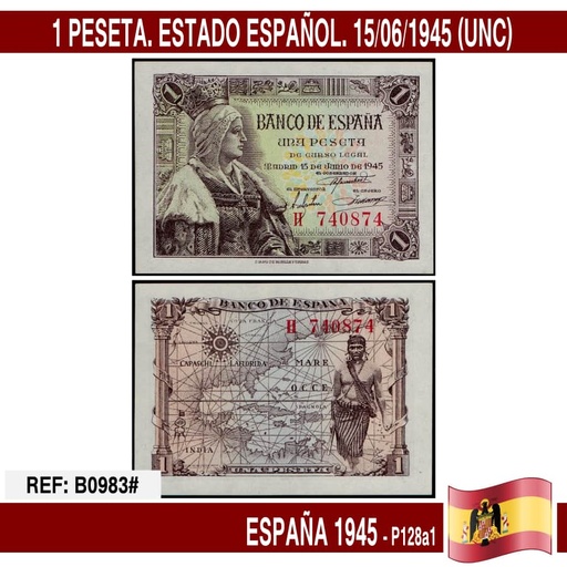 [B0983#] Spain 1945. 1 pts. Spanish State (UNC) P-128a1