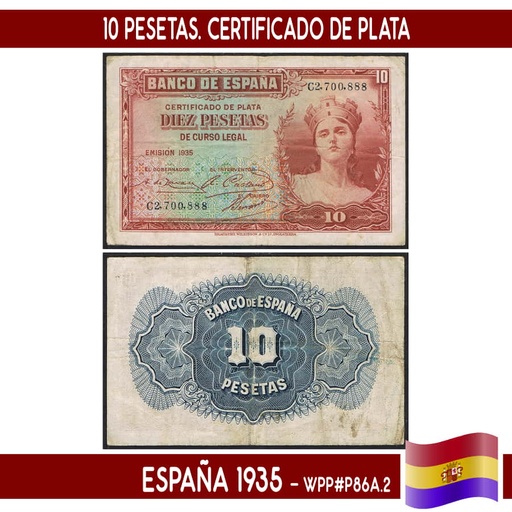 [B0981.1#] Spain 1935. 10 pts. Silver Certificate (VF) WP#P86a.2