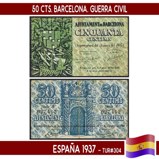 [C0508.1#] España 1937. 50 cts. Barcelona. Serie A (F) TUR#304