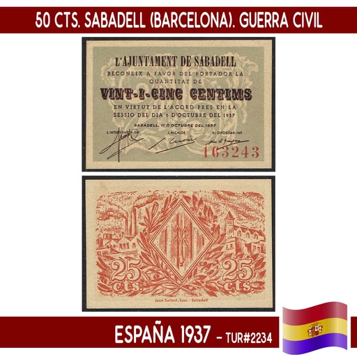 [C0953.1#] España 1937. 25 cts. Vilanova i la Geltrú (Barcelona) (VF) TUR#2866 (copia)