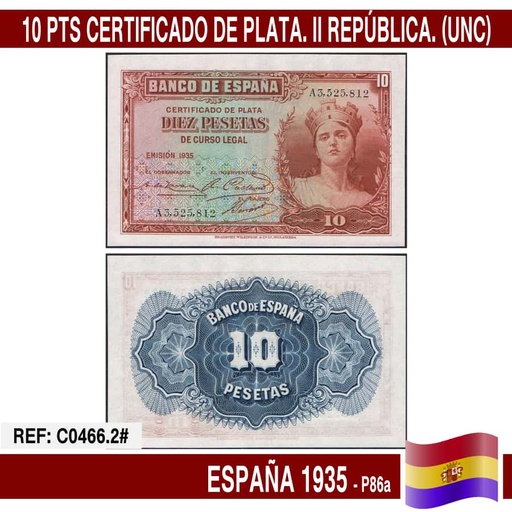 [C0466.2#] Spain 1935. 10 pts. Silver Certificate (UNC) P86a