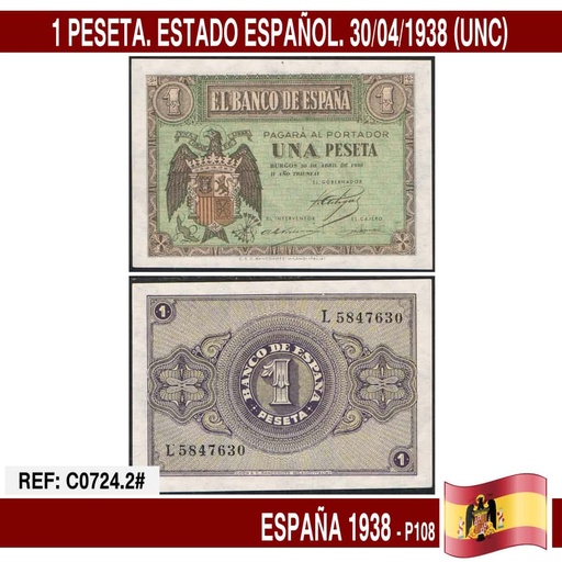 [C0724.2#] Spain 1938. 1 pts. Spanish State (UNC) P108a