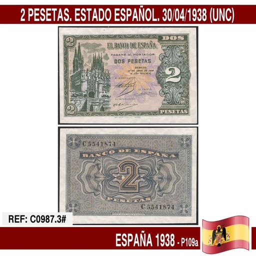 [C0987.3#] Spain 1938. 2 pts. Spanish State (UNC) P109a