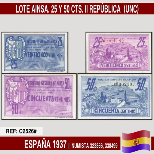 [C2526#] España 1937. Lote billetes Ainsa. 25 y 50 cts. II República (UNC)