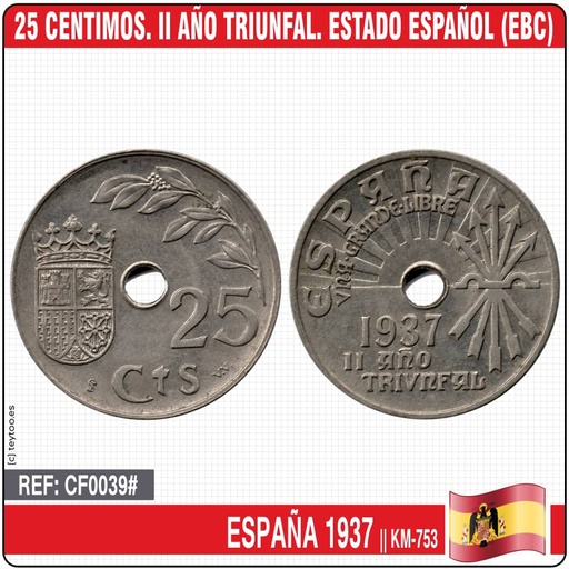 [F0039#] Spain 1937. 25 cts. II Triumphal Year. Spanish State (EBC) KM-753