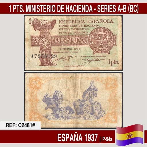 [C2481#] Espagne 1937. 1 pts. II République. Ministère des Finances (BC) P-94a