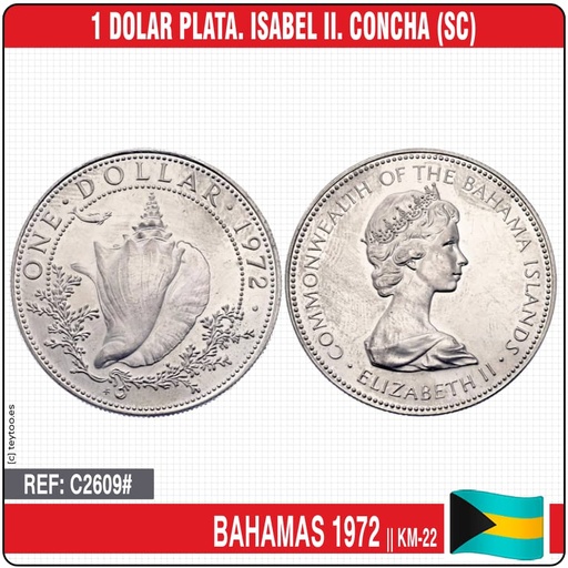 [C2609#] Bahamas 1970. 1 dólar. Isabel II. Caracola Marina (SC) KM-8