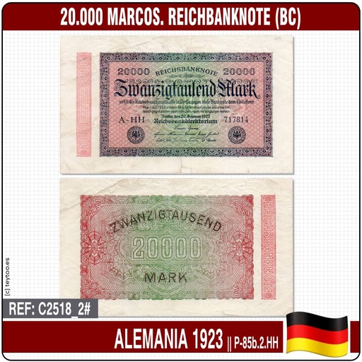 [C2518_2#] Deutschland 1923: 20.000 Mark. Reichbanknote (BC) P-85b.2. HH