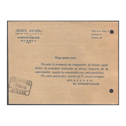 [D0263.#] Spain 1946 [SOB] Daily subscription 'New Spain' from Huesca (C)