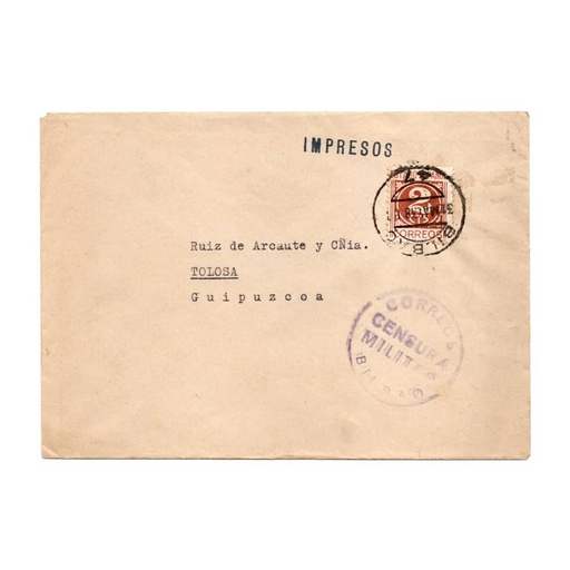 [D0275.#] Spain 1938 [SOB] Circulated from Bilbao to Toulouse. Military censor (C)