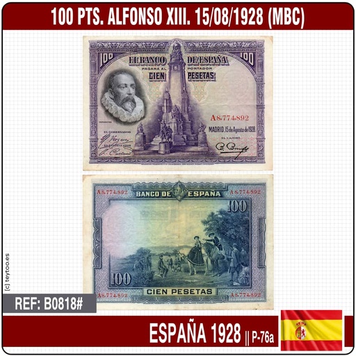 [B0818#] España 1928. Billete 100 Pesetas (VF) P#76a