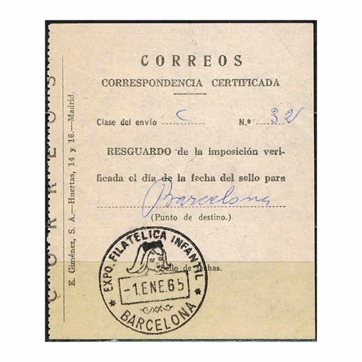 [C2164#] España 1965. Resguardo Certificado con matasellos especial