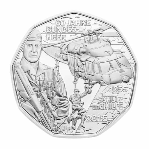 [C2238#] Austria 2015. €5. 60th Anniversary Armed Forces. SILVER (BU) UC#3242a